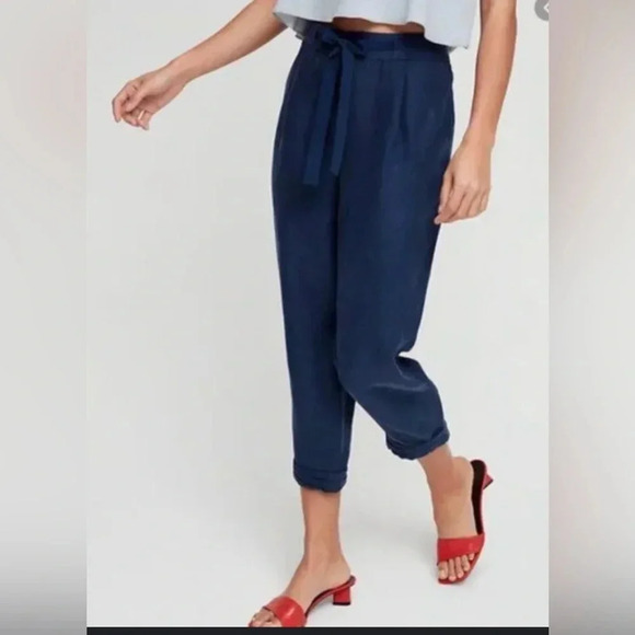 Wilfred Aritzia Cropped Linen Pant Navy Blue Loungewear Casual - Picture 1 of 7